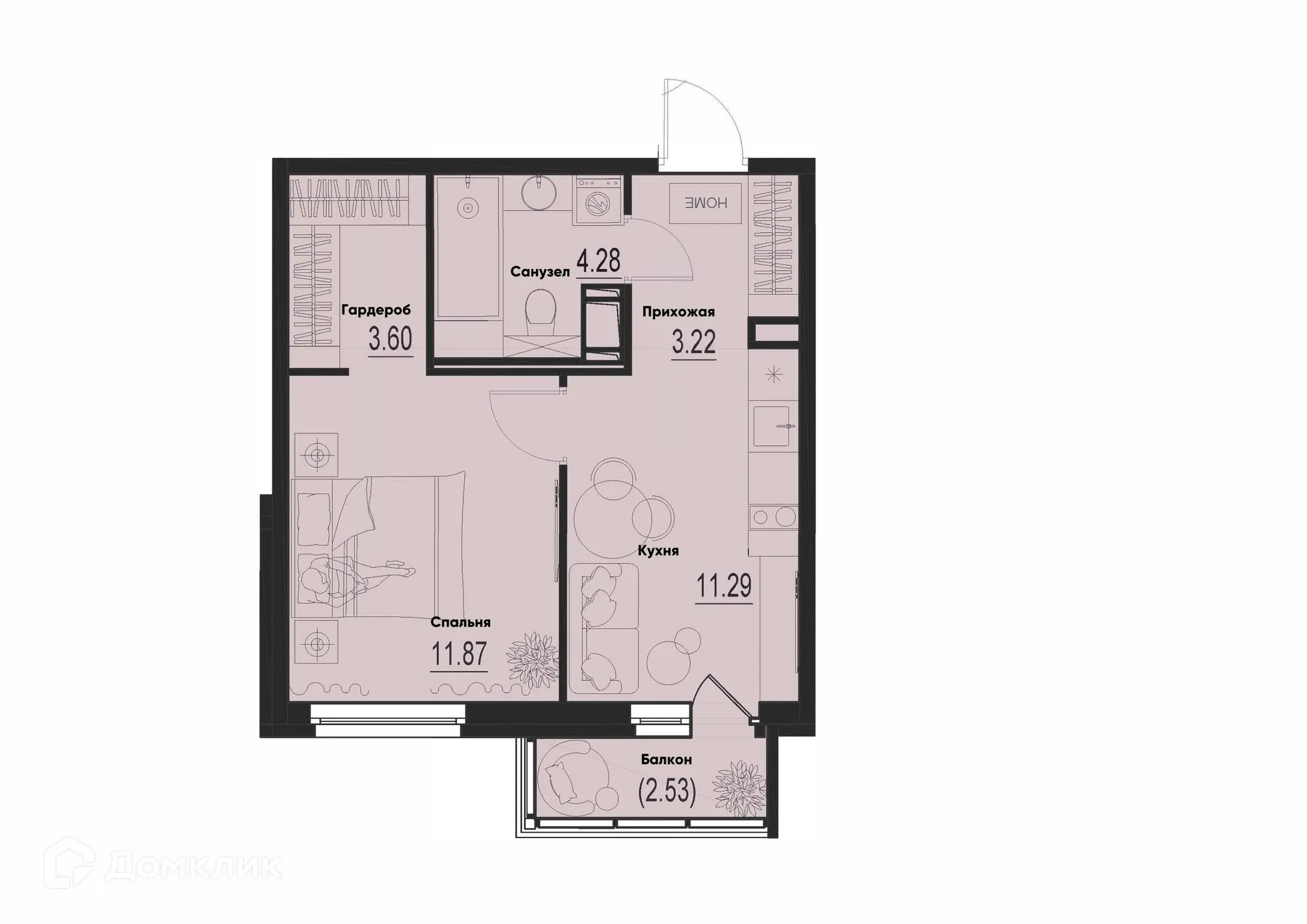Планировка 1-комнатной квартиры 35.02 м² в ЖК ID Murino III (Ай ди Мурино III), г. Мурино — фото 1