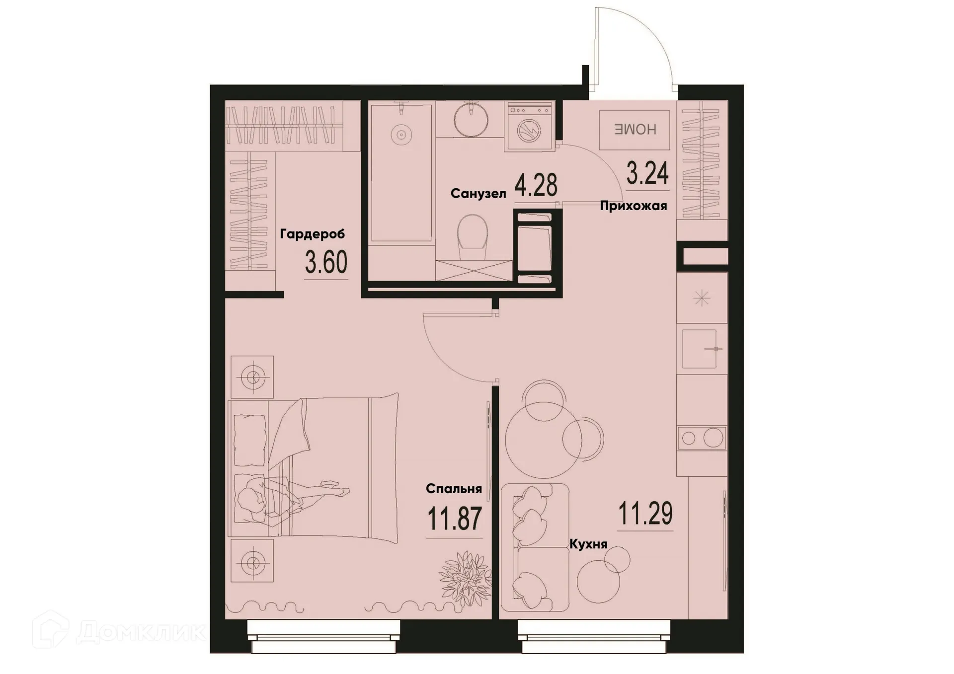 Планировка 1-комнатной квартиры 34.28 м² в ЖК ID Murino III (Ай ди Мурино III), г. Мурино — фото 1