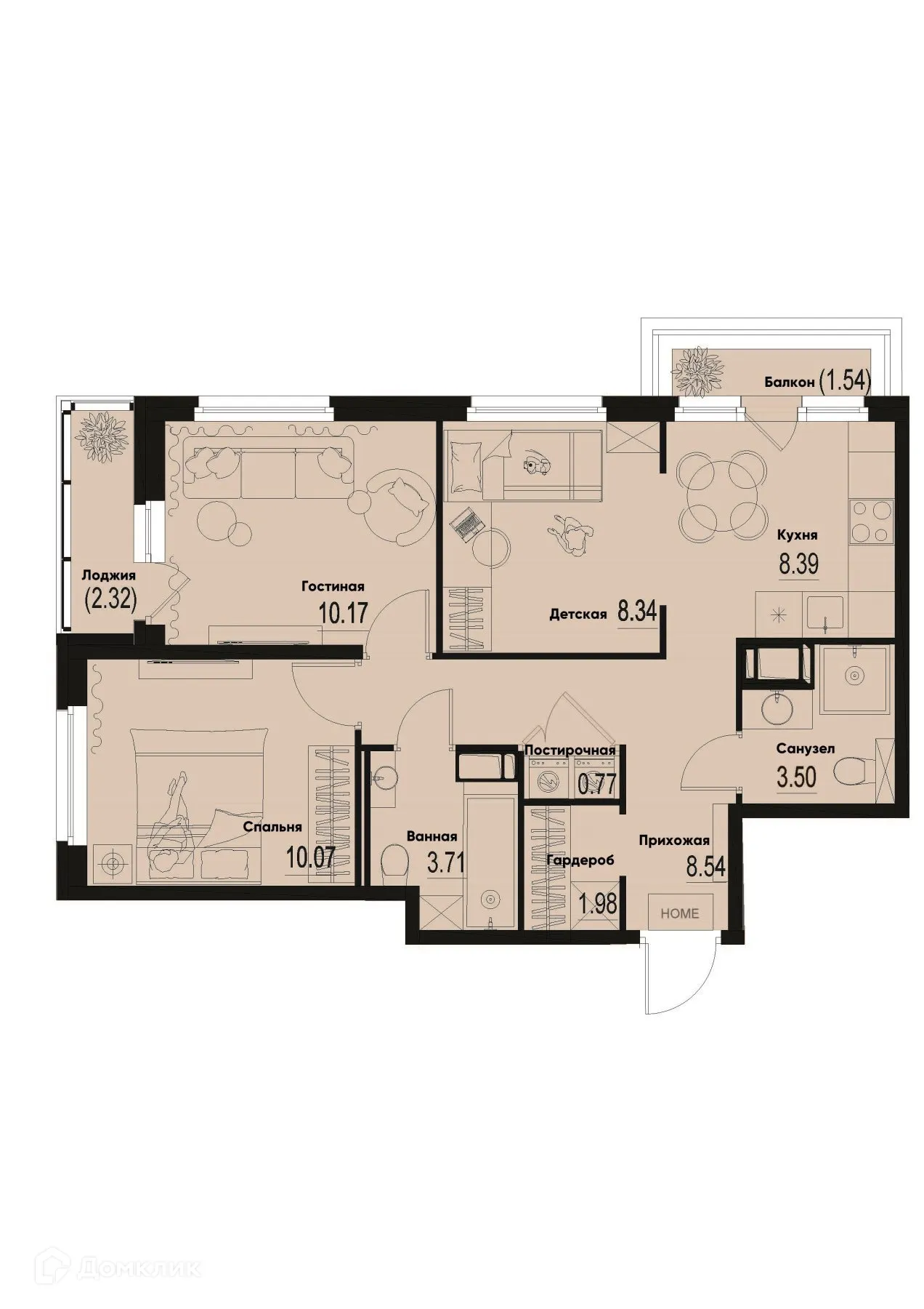 Планировка 3-комнатной квартиры 57.09 м² в ЖК ID Murino III (Ай ди Мурино III), г. Мурино — фото 1