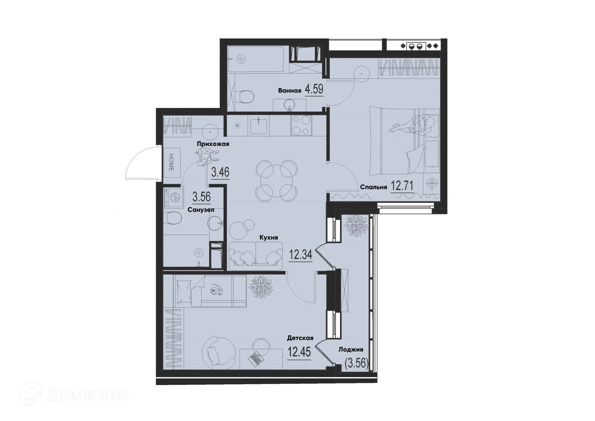 Планировка 2-комнатной квартиры 50.89 м² в ЖК ID Murino III (Ай ди Мурино III), г. Мурино — фото 1