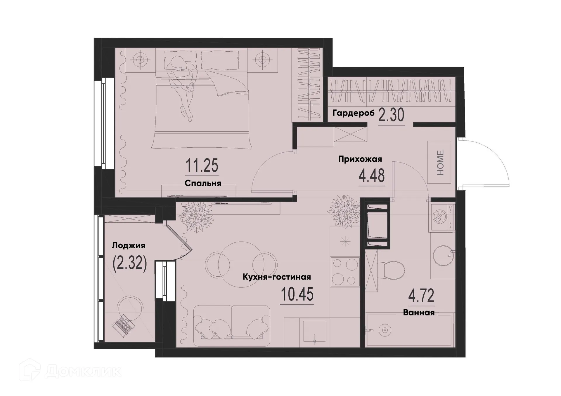 Планировка 1-комнатной квартиры 34.36 м² в ЖК ID Murino III (Ай ди Мурино III), г. Мурино — фото 1