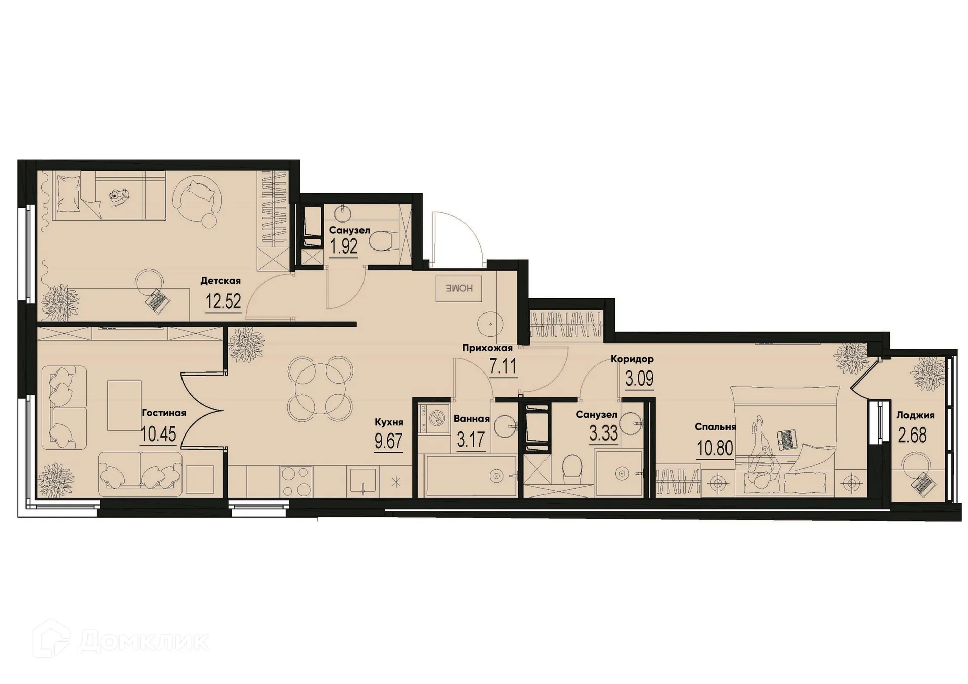 Планировка 3-комнатной квартиры 63.4 м² в ЖК ID Murino III (Ай ди Мурино III), г. Мурино — фото 1