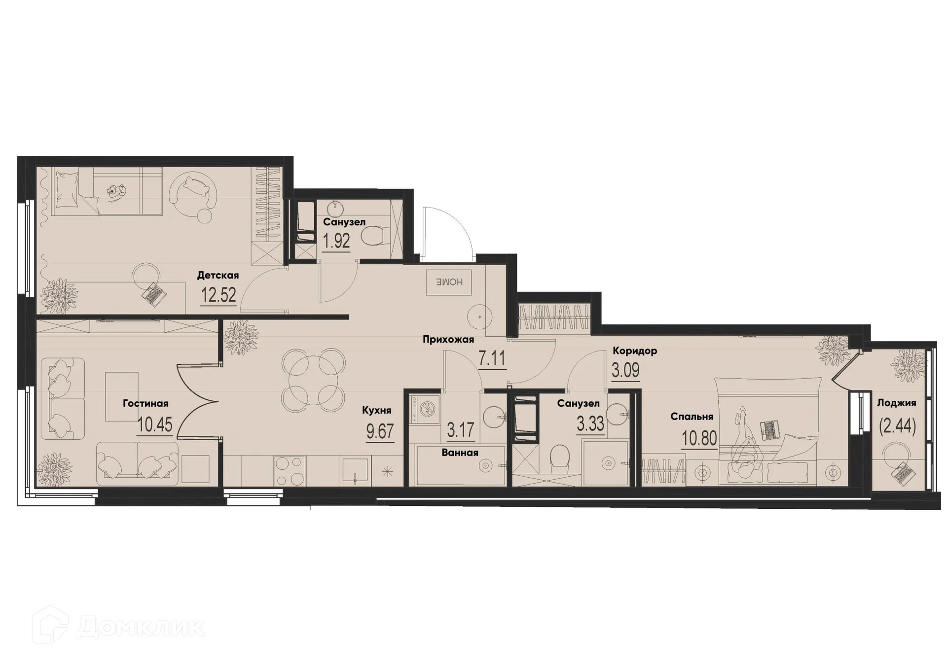 Планировка 3-комнатной квартиры 63.28 м² в ЖК ID Murino III (Ай ди Мурино III), г. Мурино — фото 1