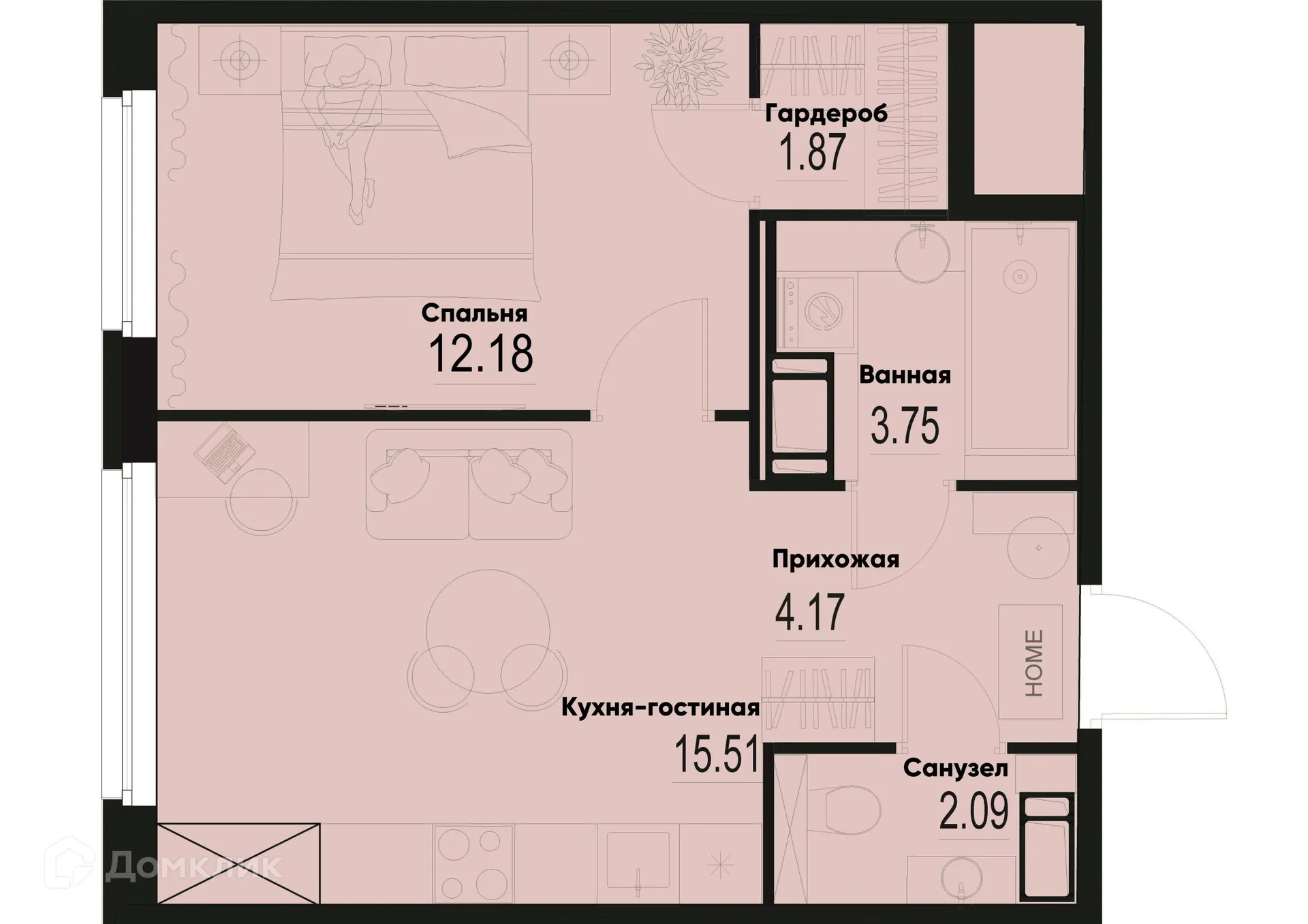 Планировка 1-комнатной квартиры 39.57 м² в ЖК ID Murino III (Ай ди Мурино III), г. Мурино — фото 1