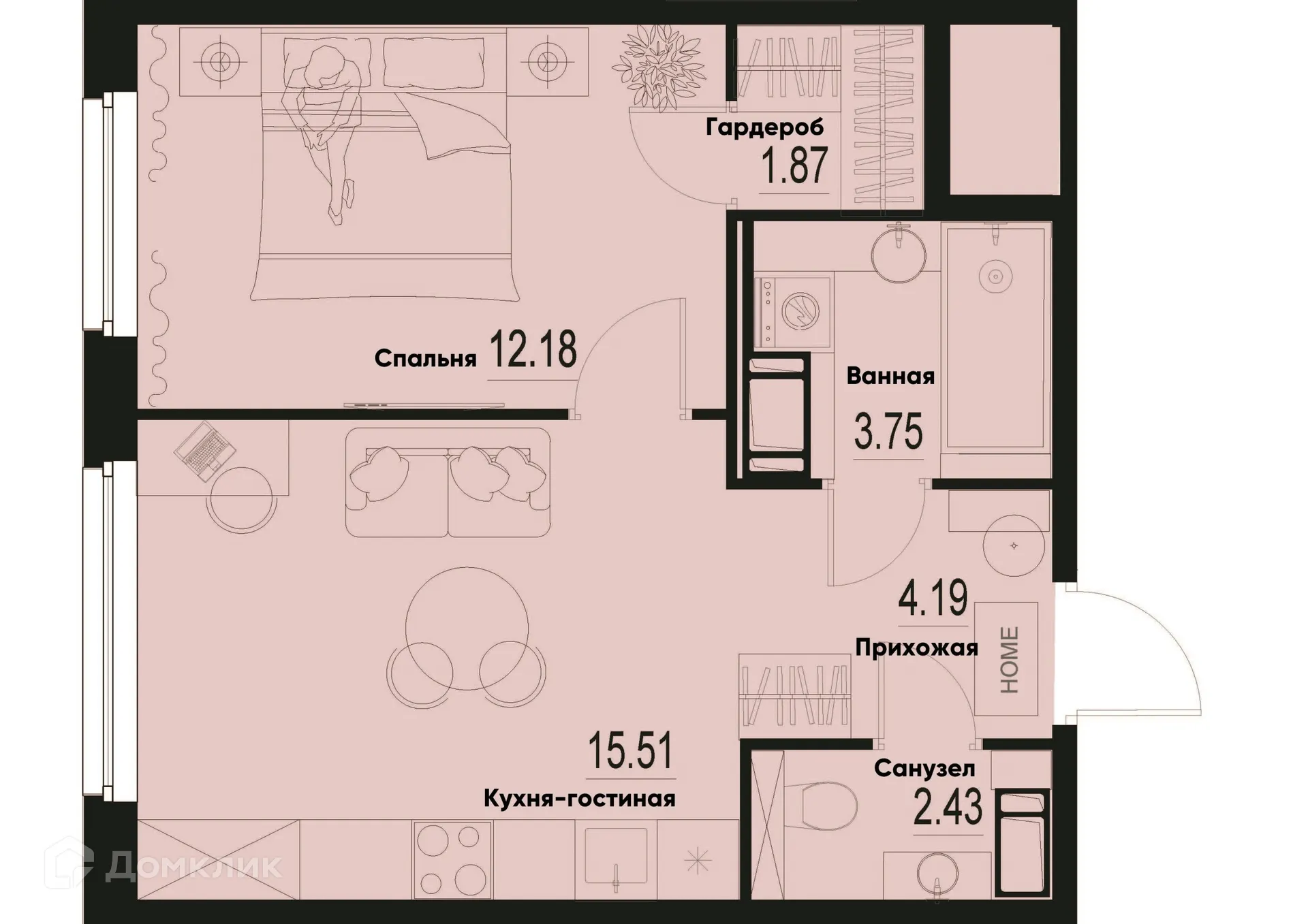 Планировка 1-комнатной квартиры 39.93 м² в ЖК ID Murino III (Ай ди Мурино III), г. Мурино — фото 1