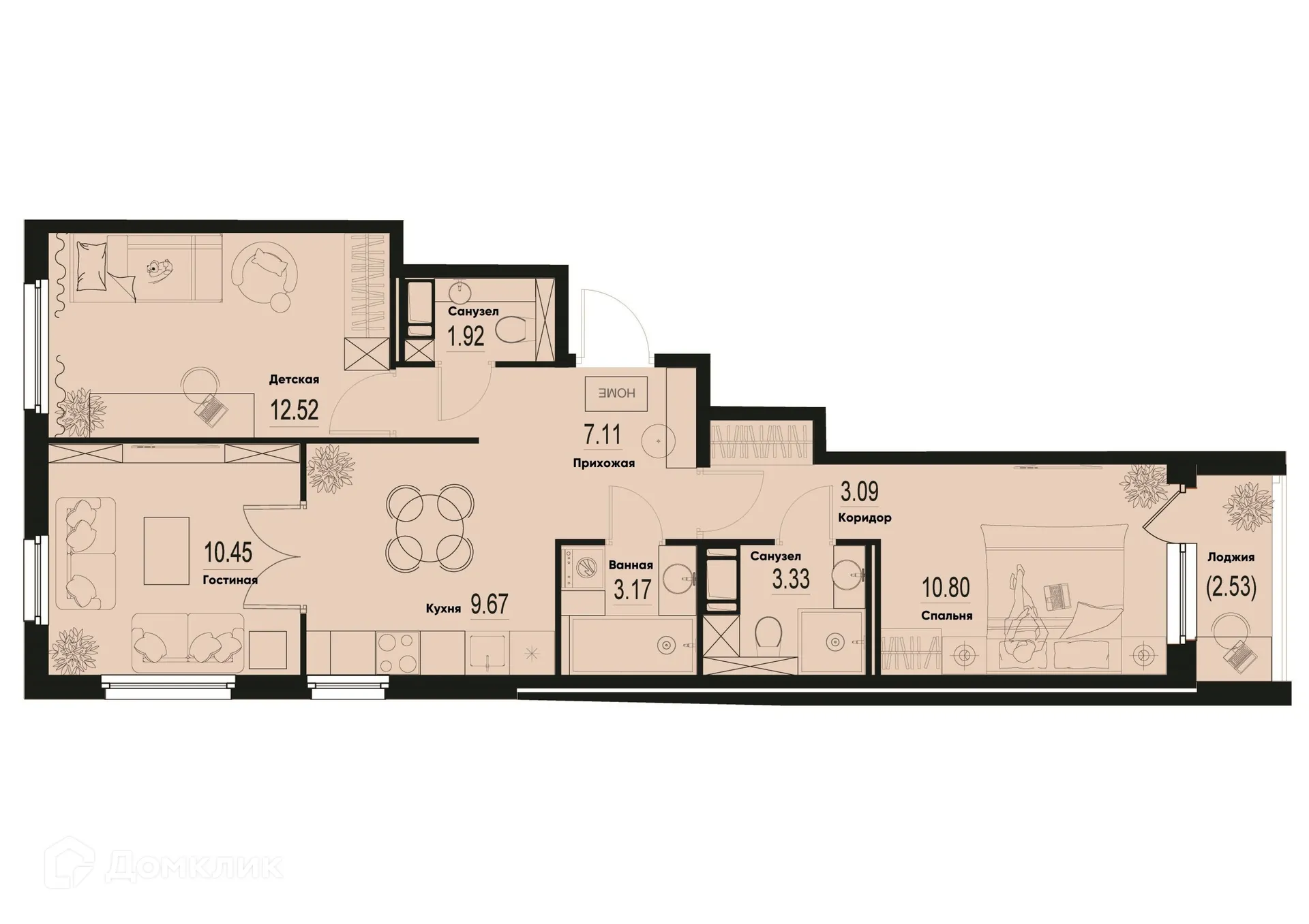 Планировка 3-комнатной квартиры 63.32 м² в ЖК ID Murino III (Ай ди Мурино III), г. Мурино — фото 1