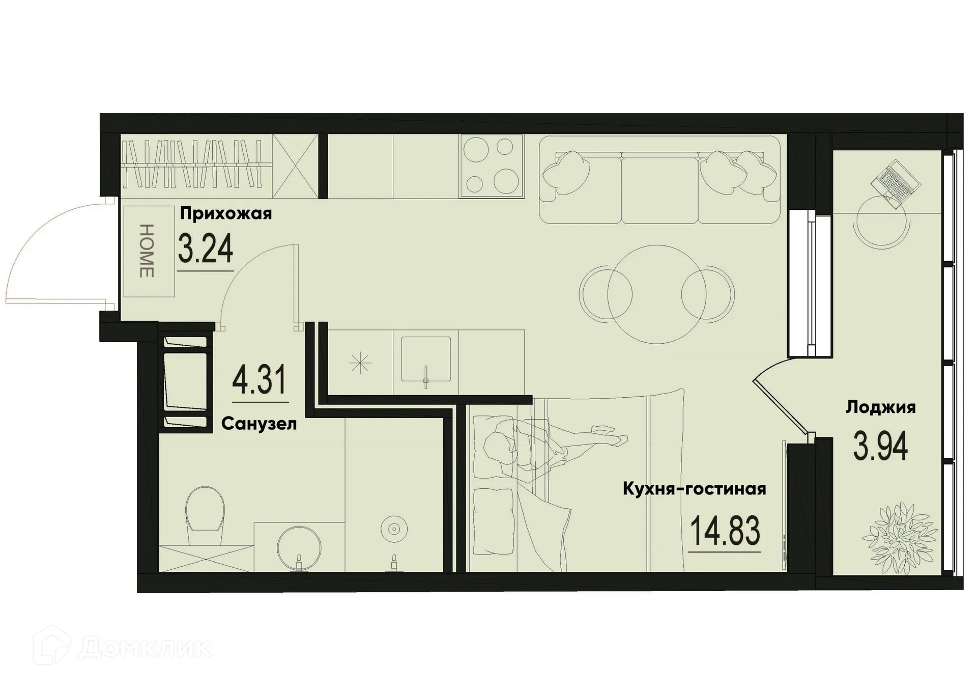 Планировка студии квартиры 24.35 м² в ЖК ID Murino III (Ай ди Мурино III), г. Мурино — фото 1