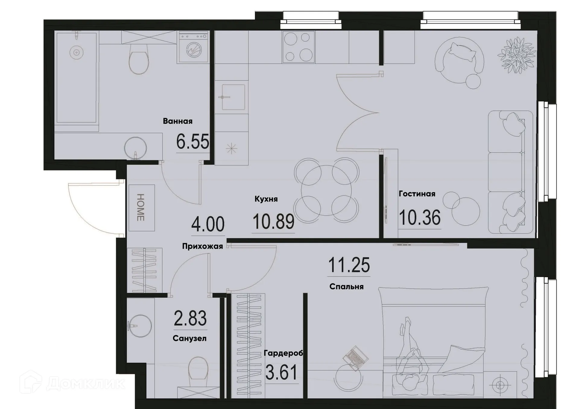 Планировка 2-комнатной квартиры 49.49 м² в ЖК ID Murino III (Ай ди Мурино III), г. Мурино — фото 1