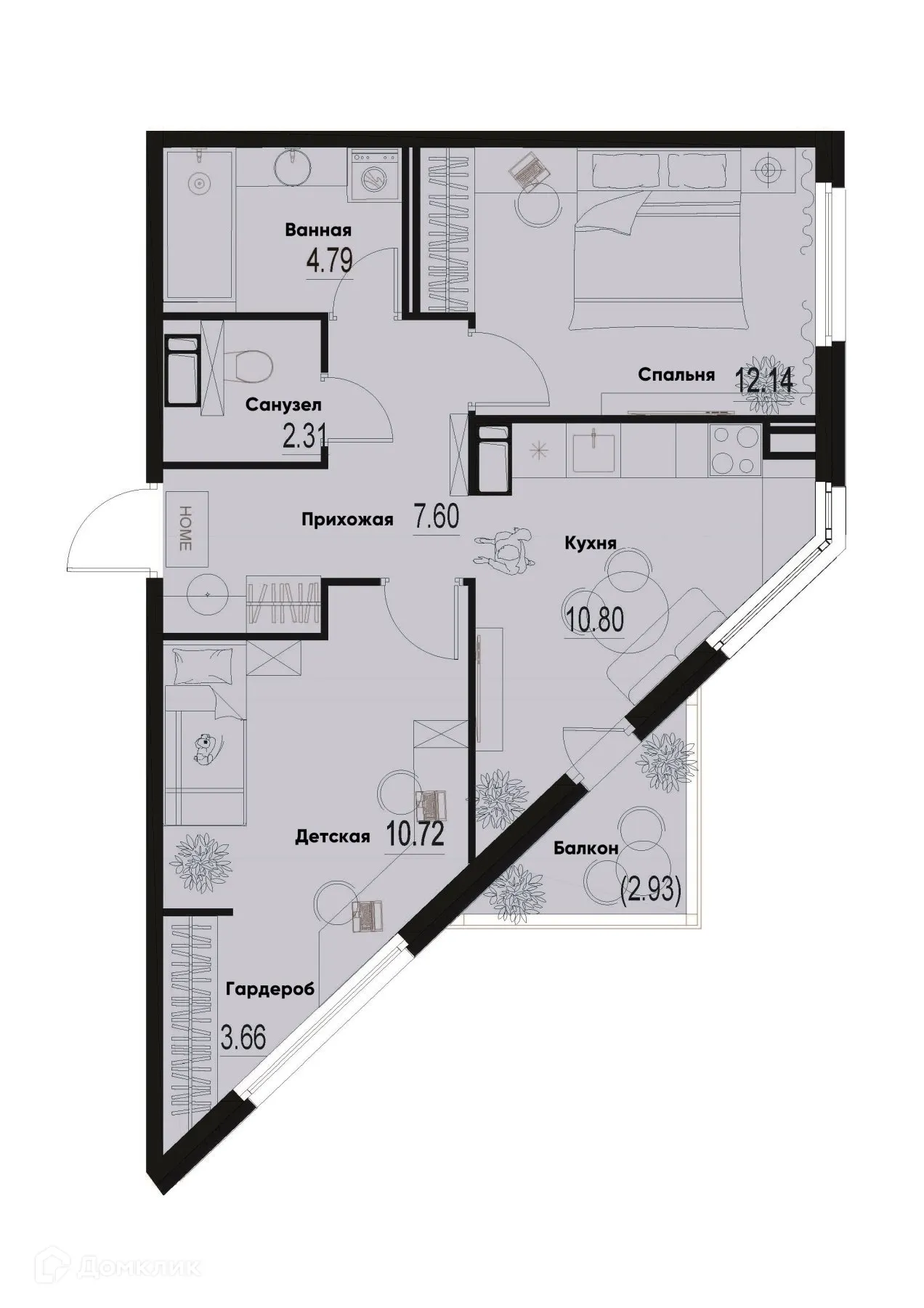 Планировка 2-комнатной квартиры 52.9 м² в ЖК ID Murino III (Ай ди Мурино III), г. Мурино — фото 1