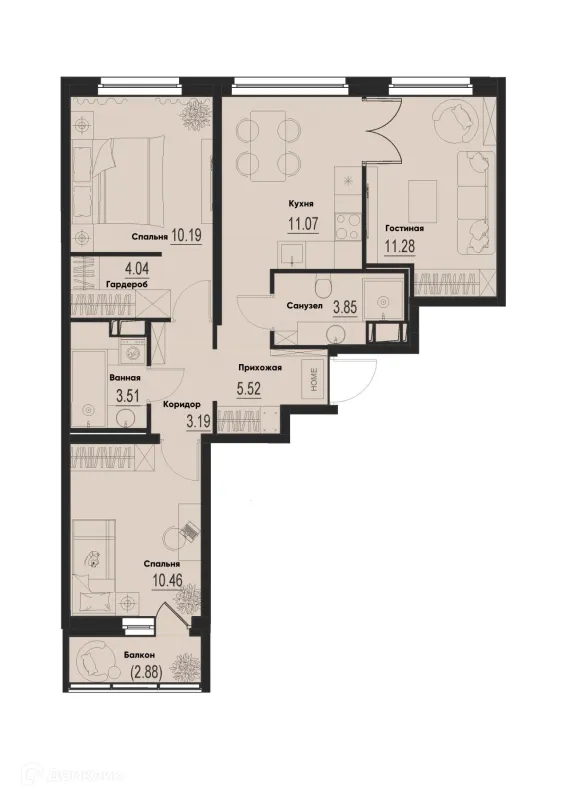 Планировка 3 комн. в ЖК ID Murino III (Ай ди Мурино III)