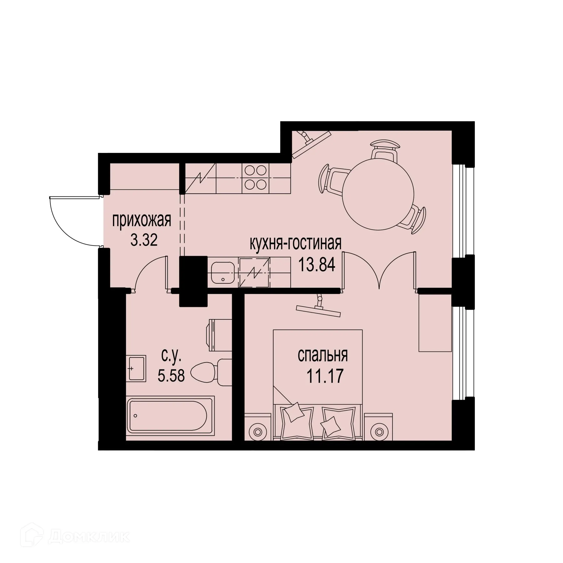 Планировка 1-комнатной квартиры 33.91 м² в ЖК ID Murino III (Ай ди Мурино III), г. Мурино — фото 1