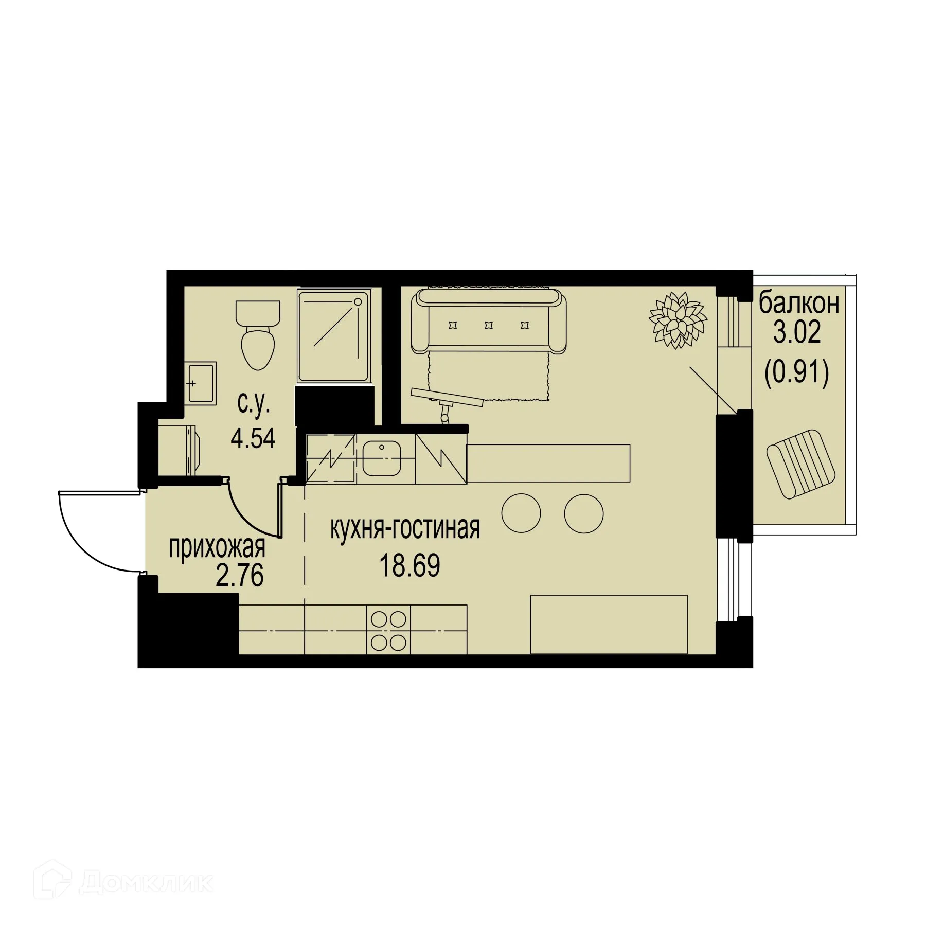 Планировка студии квартиры 26.9 м² в ЖК ID Murino III (Ай ди Мурино III), г. Мурино — фото 1