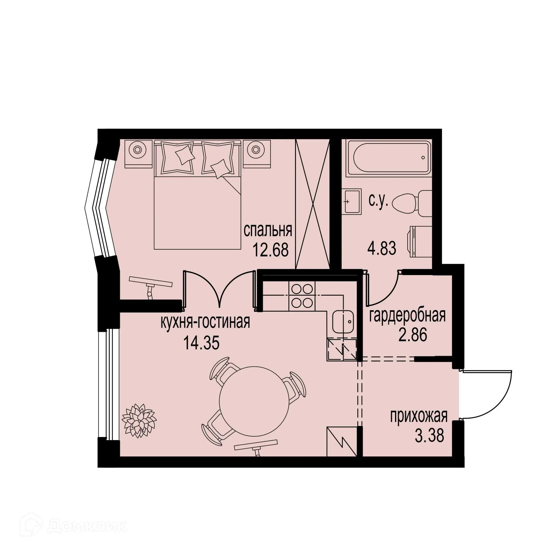Планировка 1-комнатной квартиры 38.1 м² в ЖК ID Murino III (Ай ди Мурино III), г. Мурино — фото 1