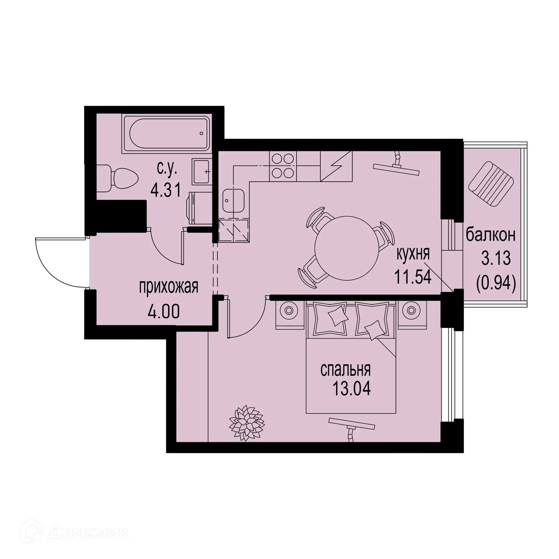 Планировка 1-комнатной квартиры 33.83 м² в ЖК ID Murino III (Ай ди Мурино III), г. Мурино — фото 1