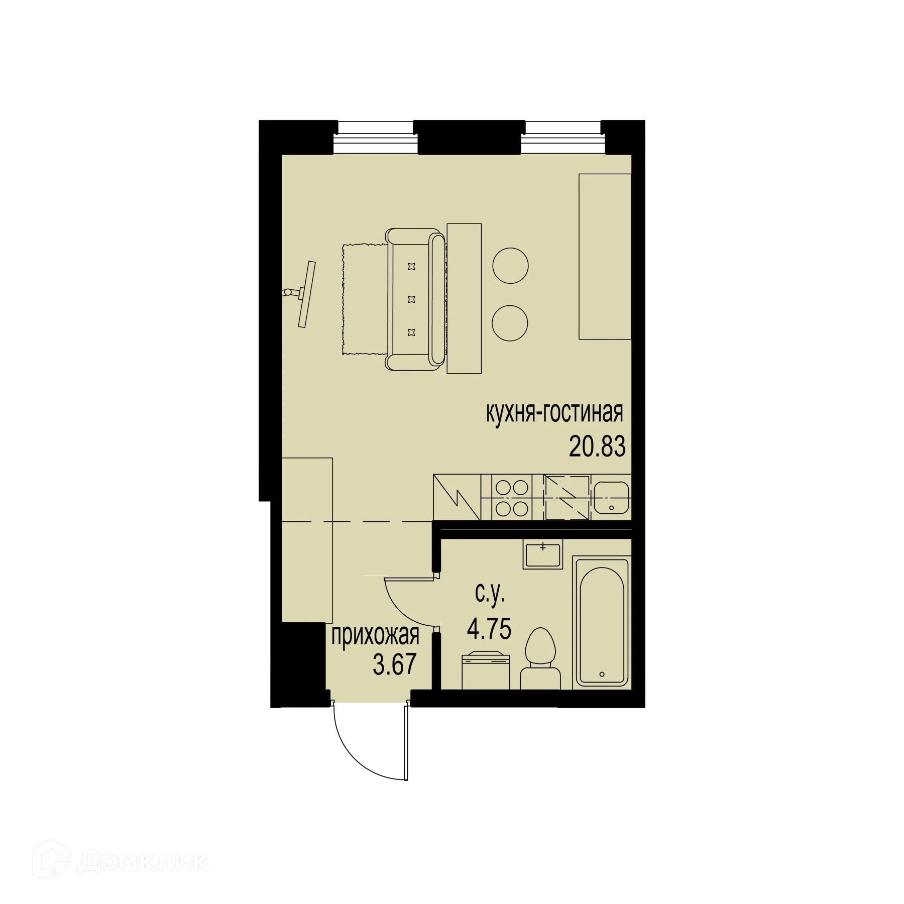 Планировка студии квартиры 29.25 м² в ЖК ID Murino III (Ай ди Мурино III), г. Мурино — фото 1