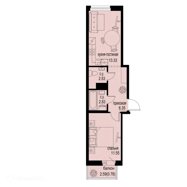 Планировка 1 комн. в ЖК ID Murino III (Ай ди Мурино III)