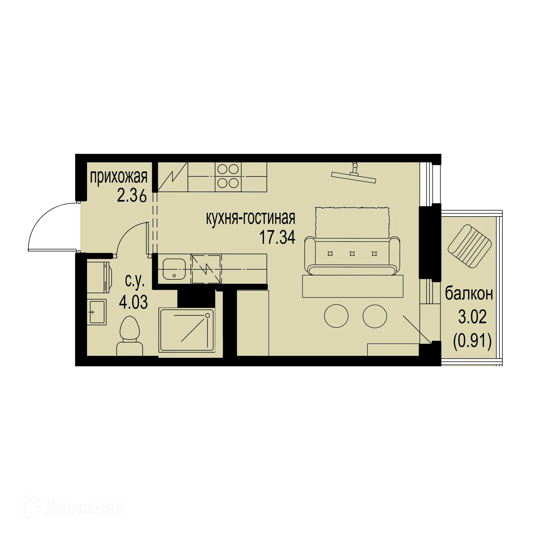 Планировка студии квартиры 24.64 м² в ЖК ID Murino III (Ай ди Мурино III), г. Мурино — фото 1