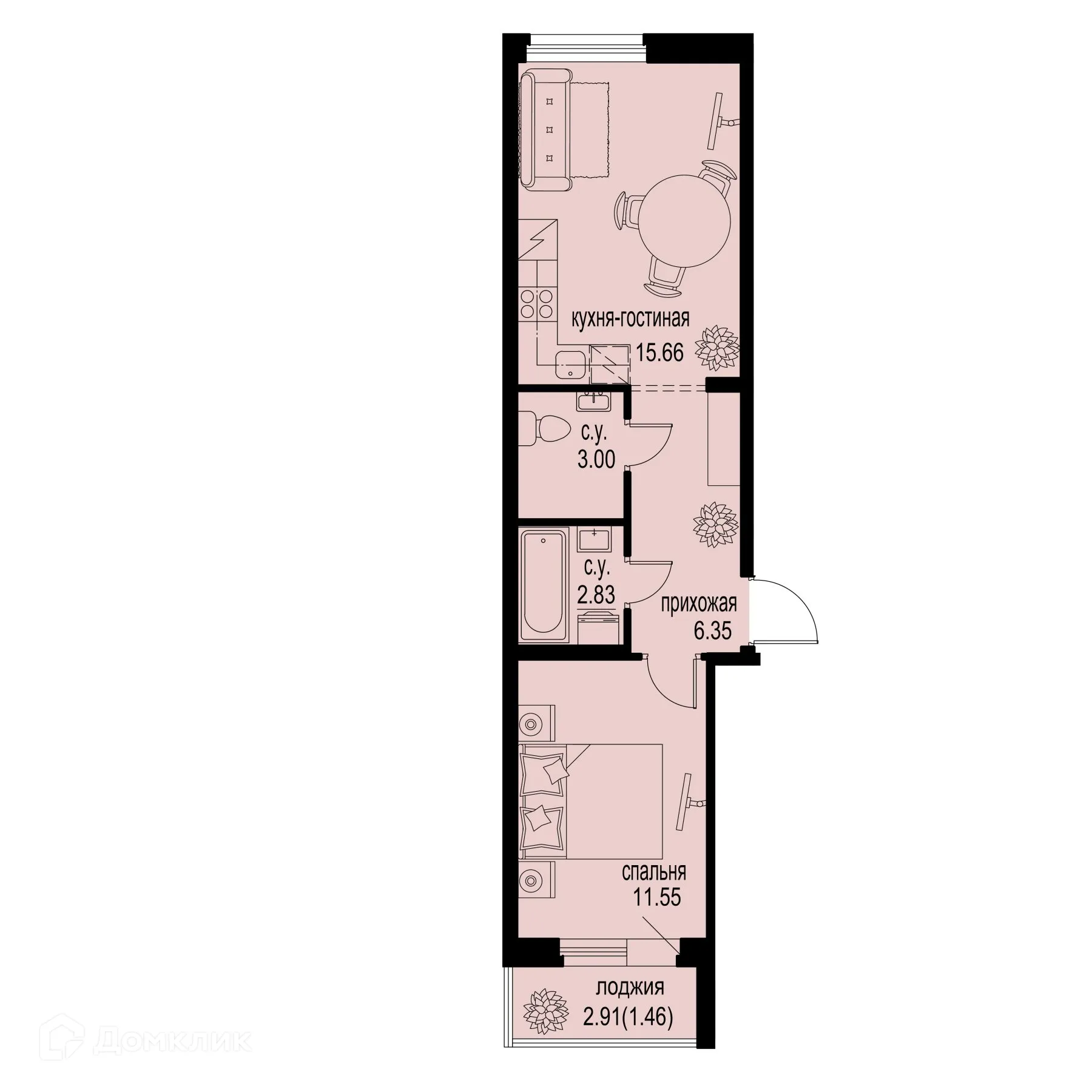 Планировка 1-комнатной квартиры 40.85 м² в ЖК ID Murino III (Ай ди Мурино III), г. Мурино — фото 1