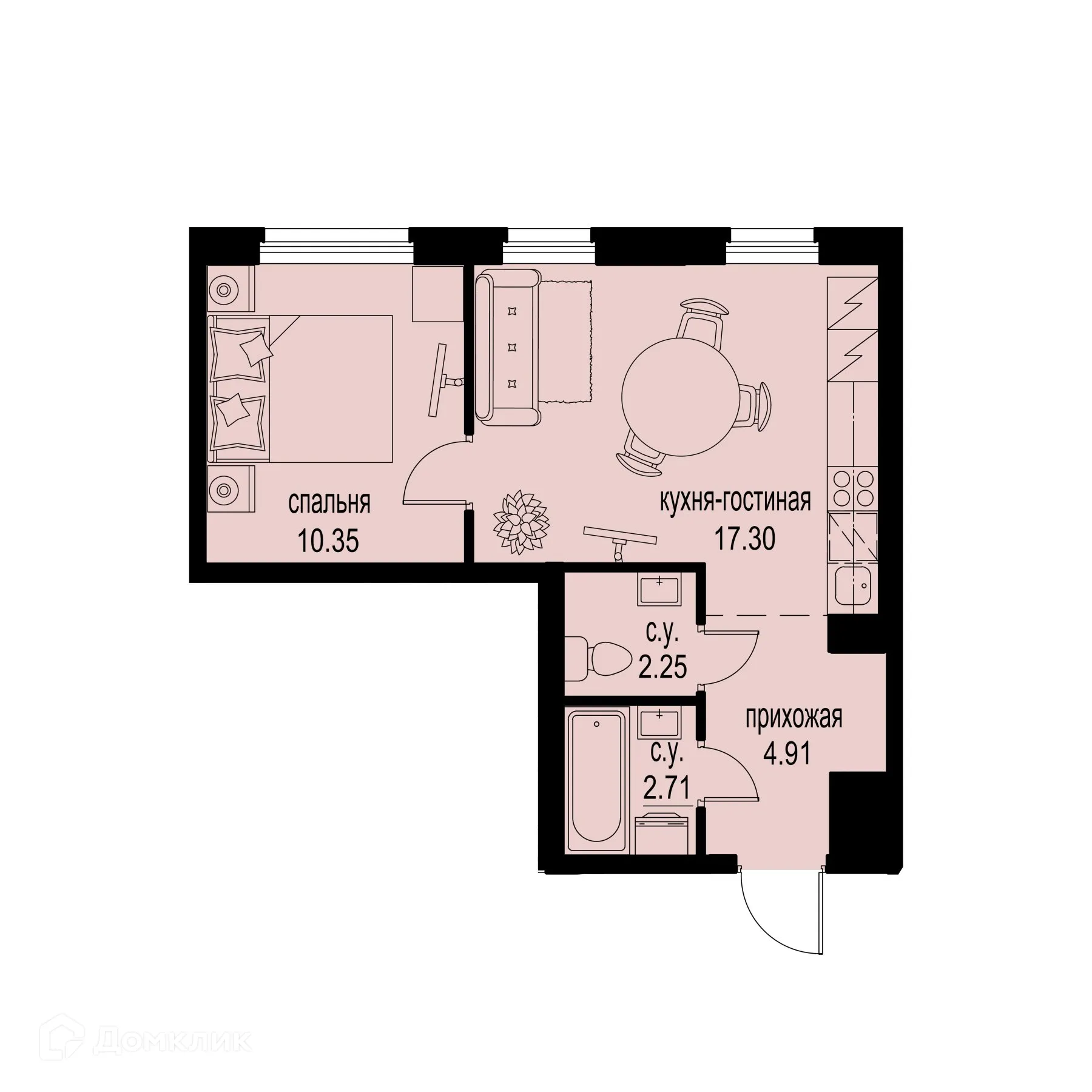 Планировка 1-комнатной квартиры 37.52 м² в ЖК ID Murino III (Ай ди Мурино III), г. Мурино — фото 1