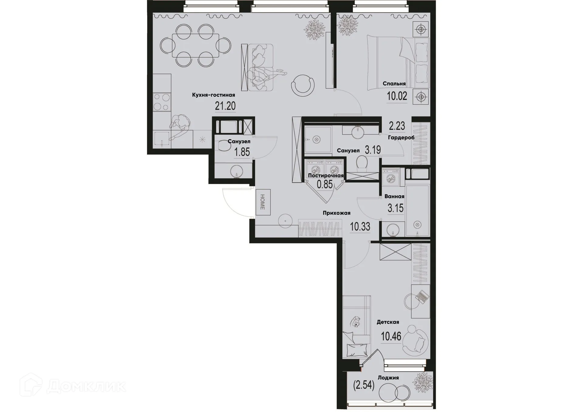 Планировка 2-комнатной квартиры 64.55 м² в ЖК ID Murino III (Ай ди Мурино III), г. Мурино — фото 1