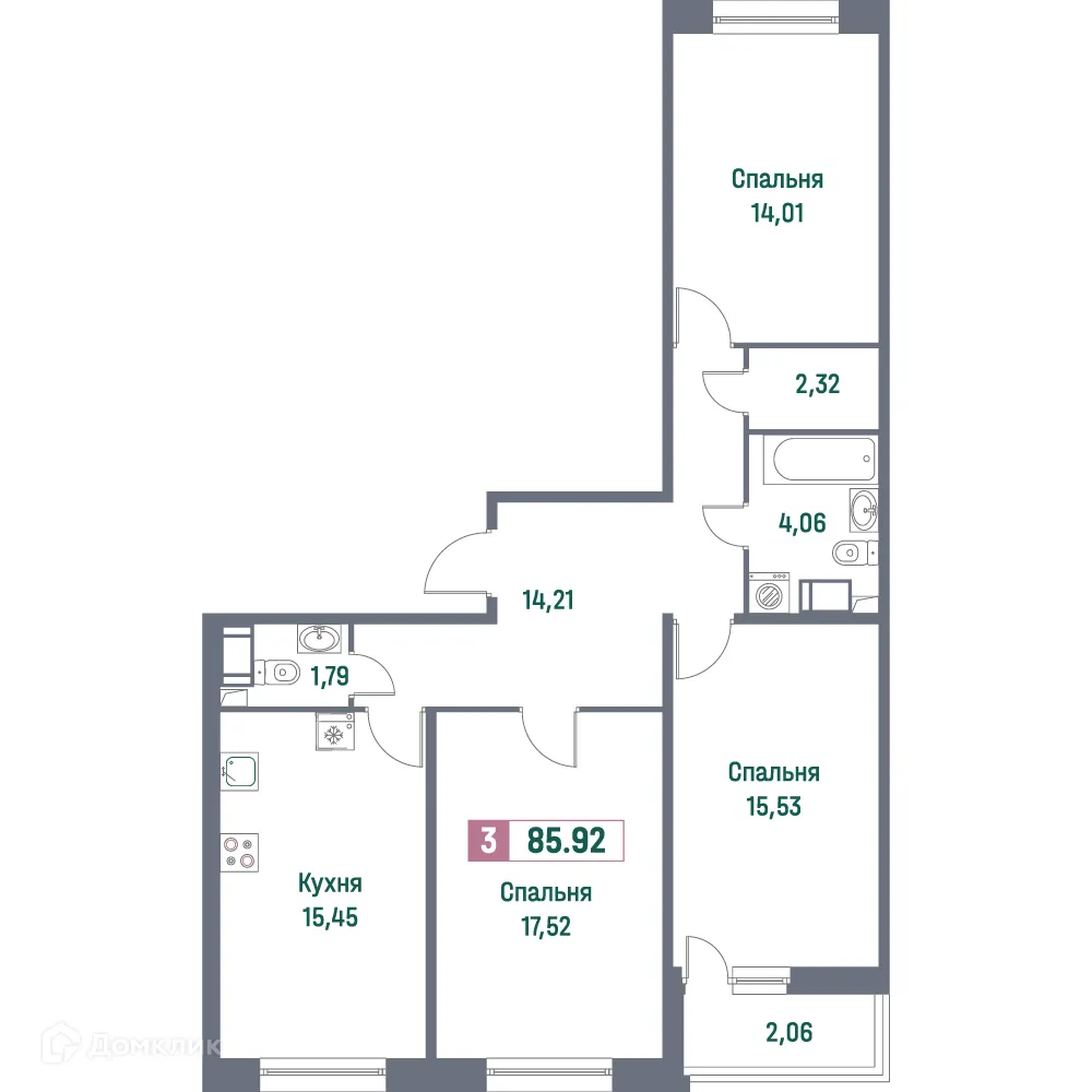 Планировка 3-комнатной квартиры 85.92 м² в ЖК "Фотограф", г. Мурино — фото 1