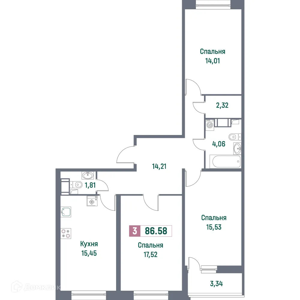 Планировка 3-комнатной квартиры 86.58 м² в ЖК "Фотограф", г. Мурино — фото 1