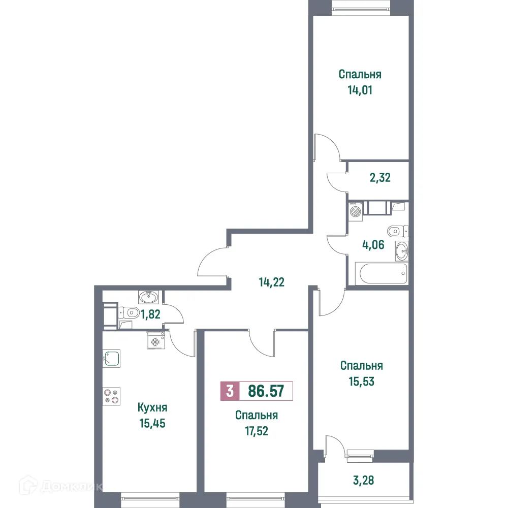 Планировка 3-комнатной квартиры 86.57 м² в ЖК "Фотограф", г. Мурино — фото 1