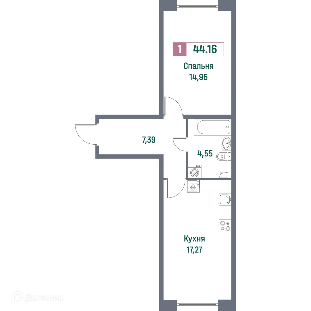 Планировка 1-комнатной квартиры 44.16 м² в ЖК "Фотограф", г. Мурино — фото 1