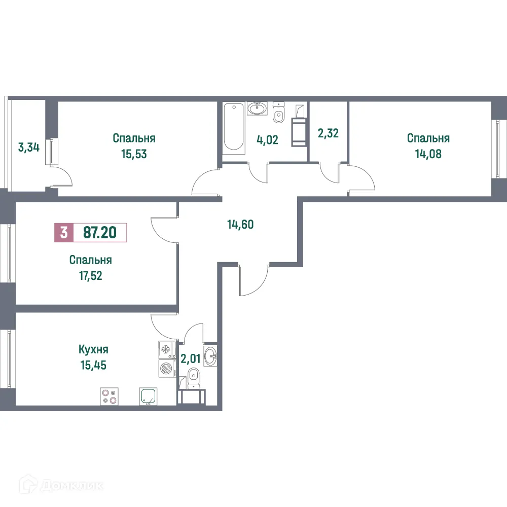 Планировка 3-комнатной квартиры 87.2 м² в ЖК "Фотограф", г. Мурино — фото 1