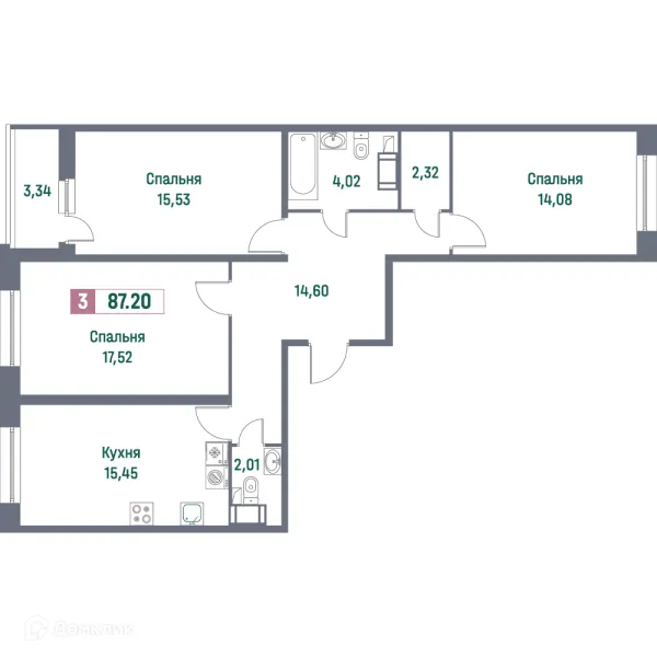 Планировка 3 комн. в ЖК "Фотограф"