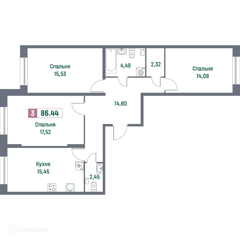 Планировка 3-комнатной квартиры 86.44 м² в ЖК "Фотограф", г. Мурино — фото 1