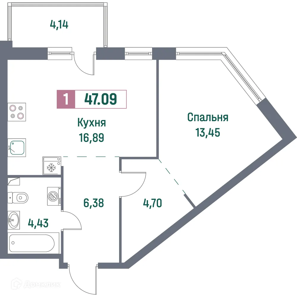 Планировка 1-комнатной квартиры 47.09 м² в ЖК "Фотограф", г. Мурино — фото 1