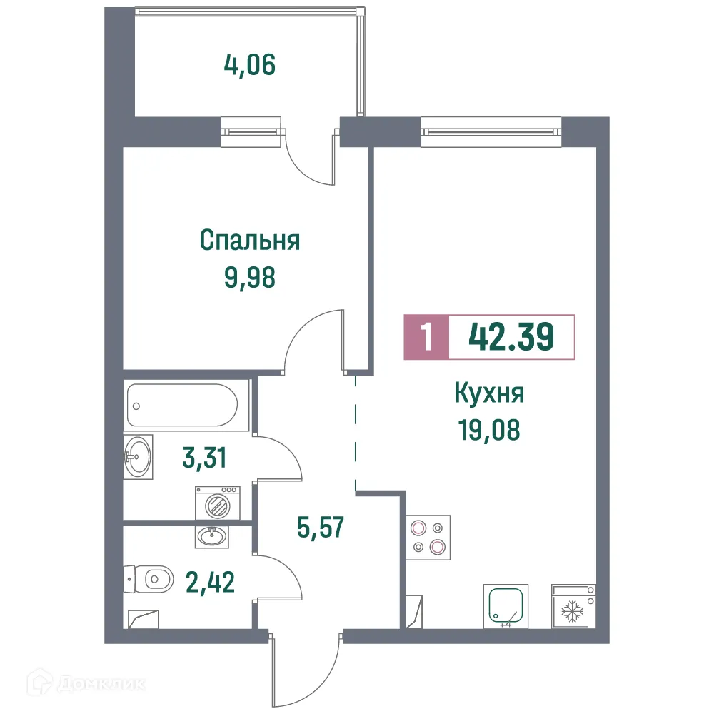 Планировка 1-комнатной квартиры 42.39 м² в ЖК "Фотограф", г. Мурино — фото 1