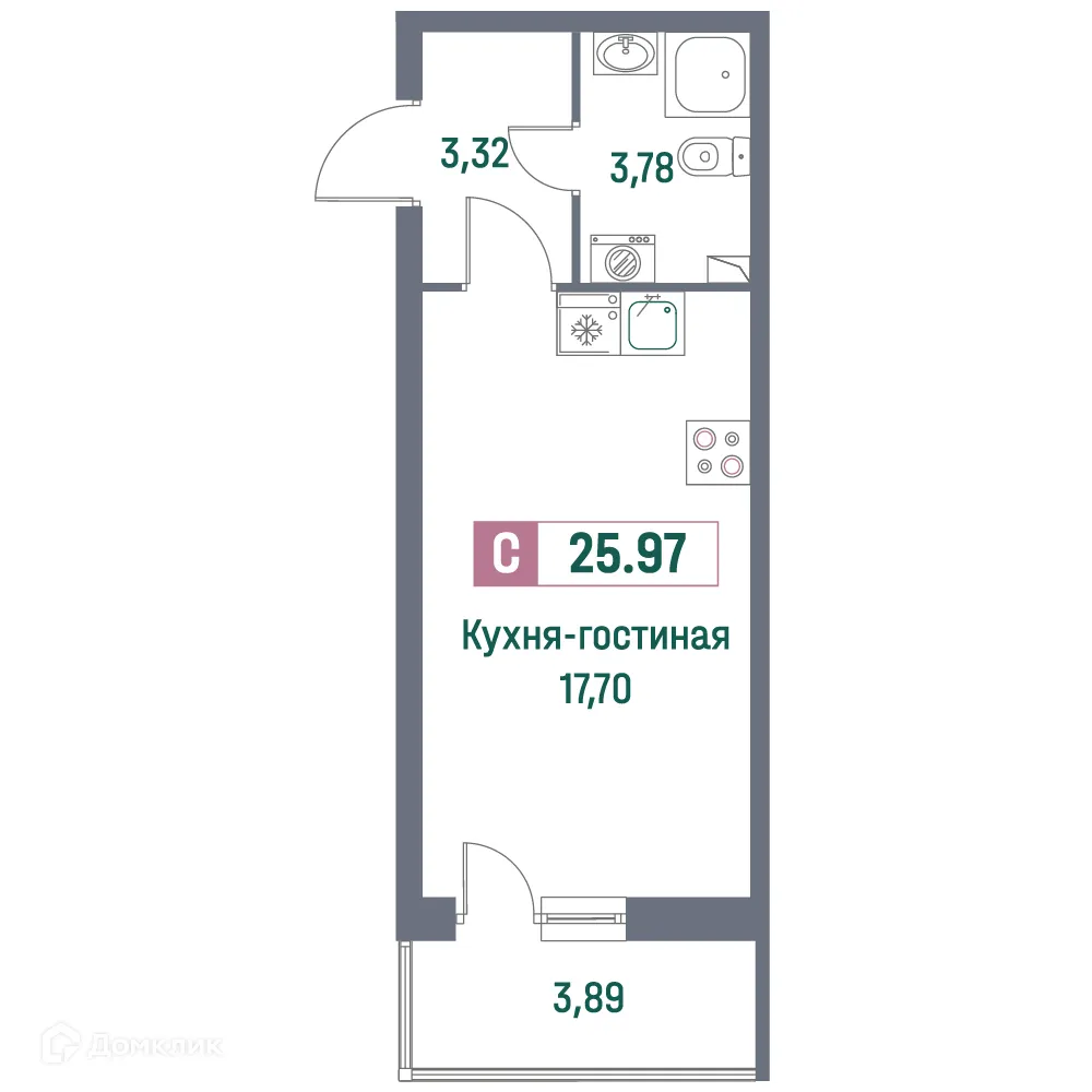 Планировка студии квартиры 25.97 м² в ЖК "Фотограф", г. Мурино — фото 1