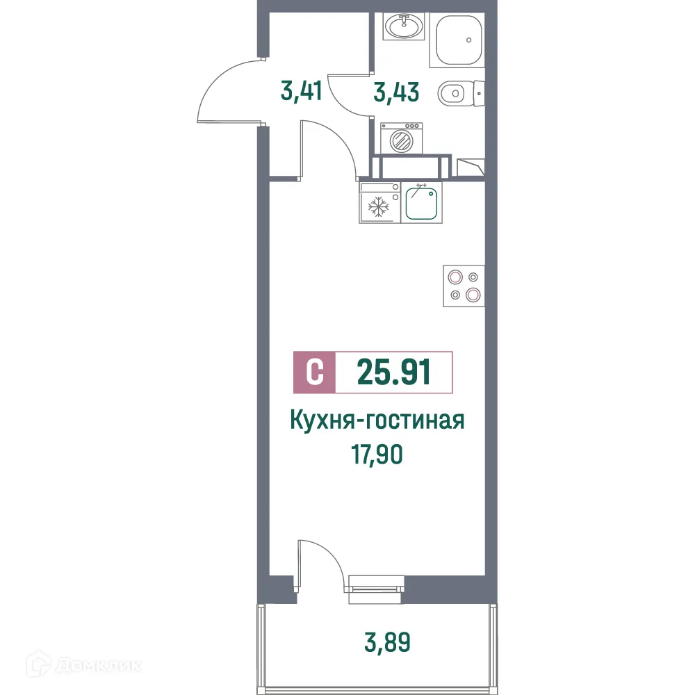 Планировка студии квартиры 25.91 м² в ЖК "Фотограф", г. Мурино — фото 1