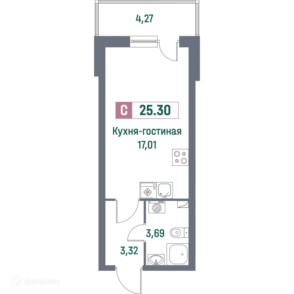 Планировка студии квартиры 25.3 м² в ЖК "Фотограф", г. Мурино — фото 1