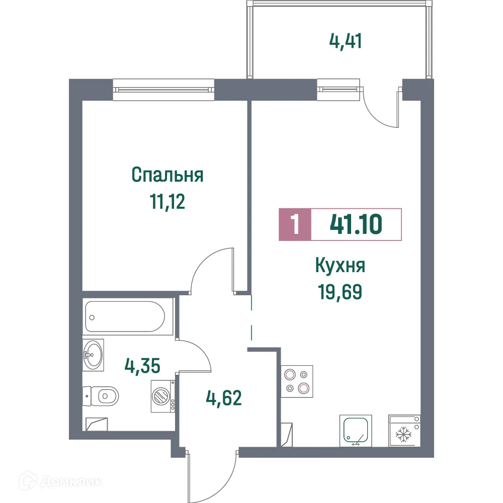Планировка 1-комнатной квартиры 41.1 м² в ЖК "Фотограф", г. Мурино — фото 1