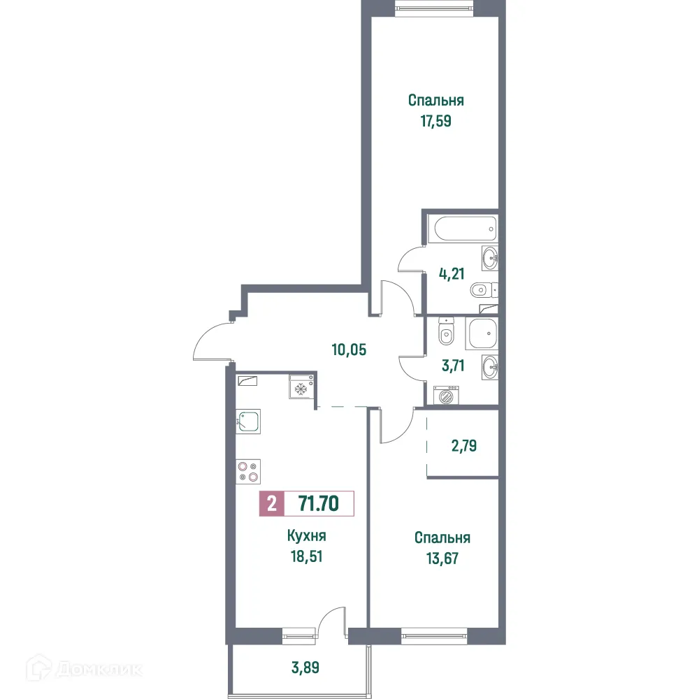 Планировка 2-комнатной квартиры 71.7 м² в ЖК "Фотограф", г. Мурино — фото 1