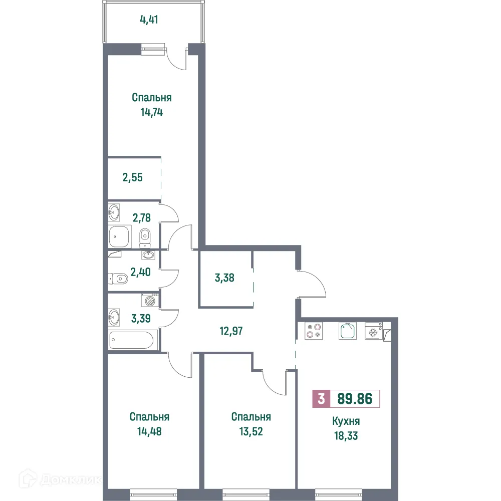 Планировка 3-комнатной квартиры 89.86 м² в ЖК "Фотограф", г. Мурино — фото 1