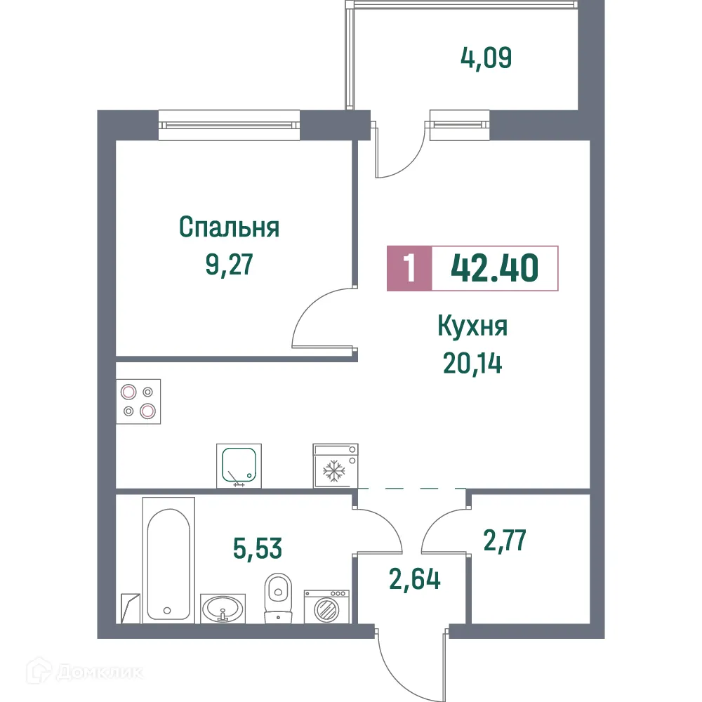Планировка 1-комнатной квартиры 42.4 м² в ЖК "Фотограф", г. Мурино — фото 1