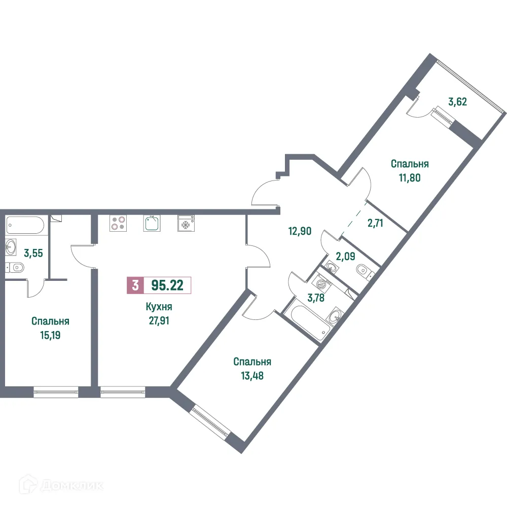 Планировка 3-комнатной квартиры 95.22 м² в ЖК "Фотограф", г. Мурино — фото 1
