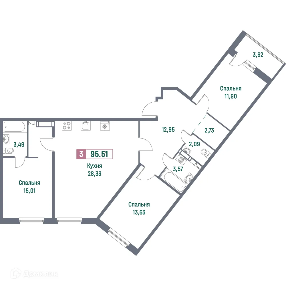 Планировка 3-комнатной квартиры 95.51 м² в ЖК "Фотограф", г. Мурино — фото 1