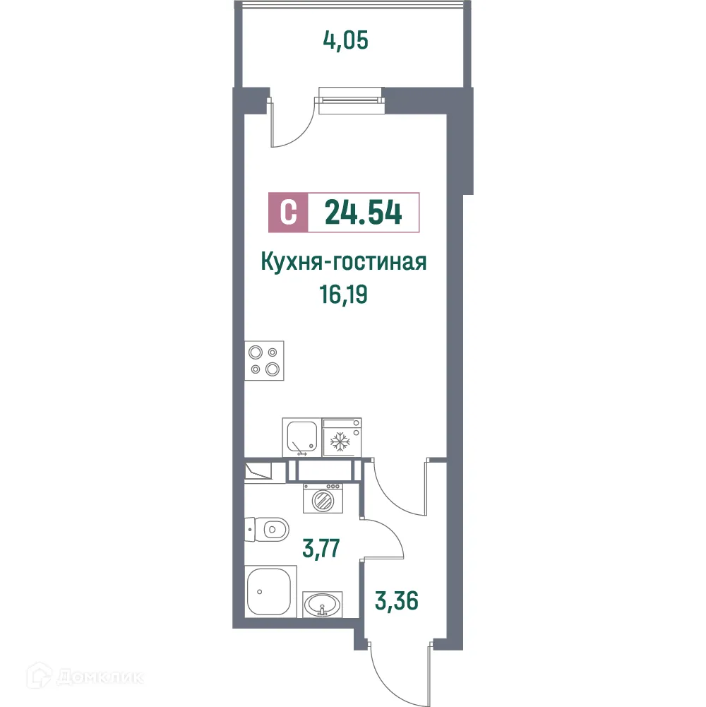 Планировка студии квартиры 24.9 м² в ЖК "Фотограф", г. Мурино — фото 1