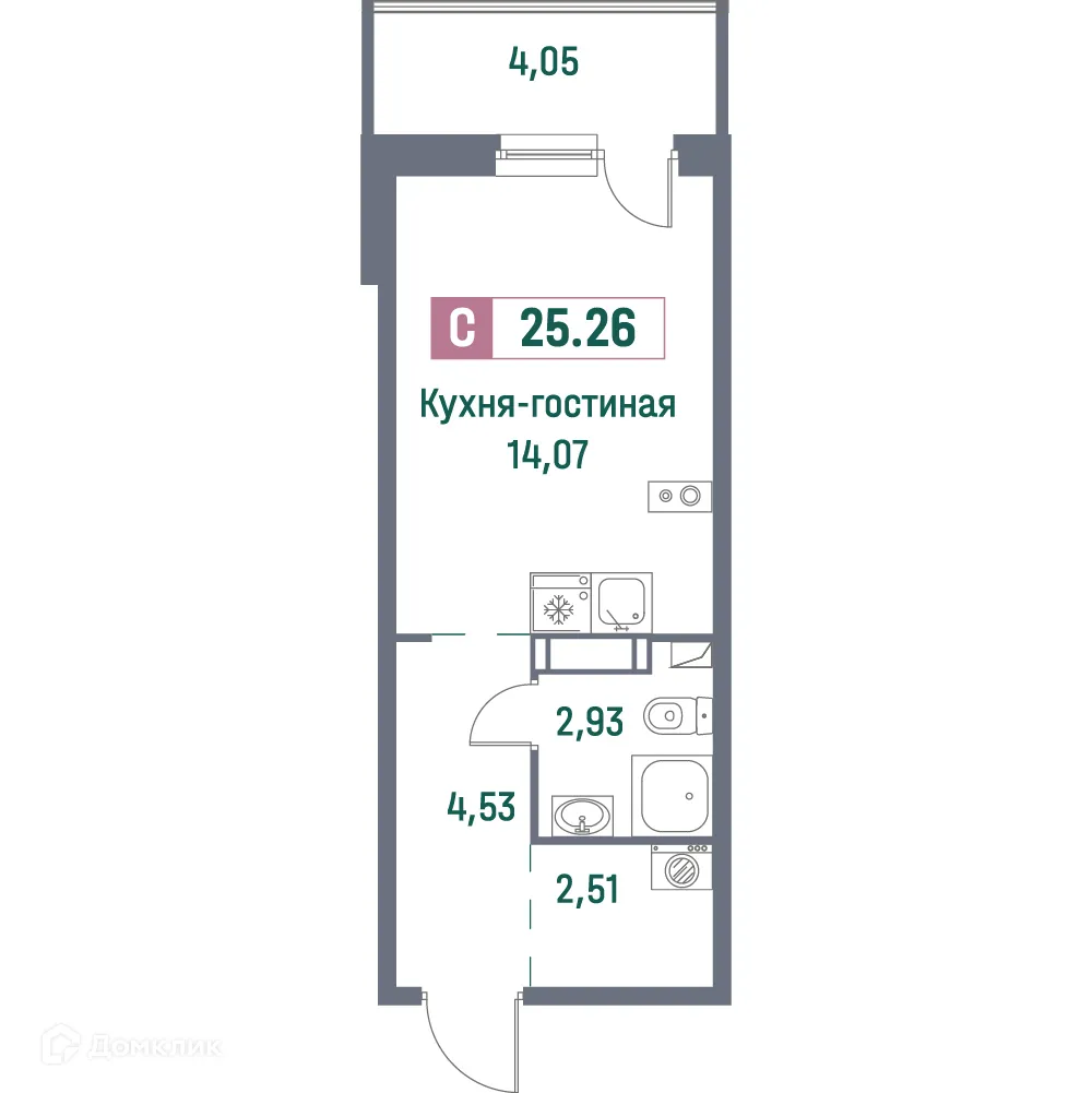 Планировка студии квартиры 25.42 м² в ЖК "Фотограф", г. Мурино — фото 1