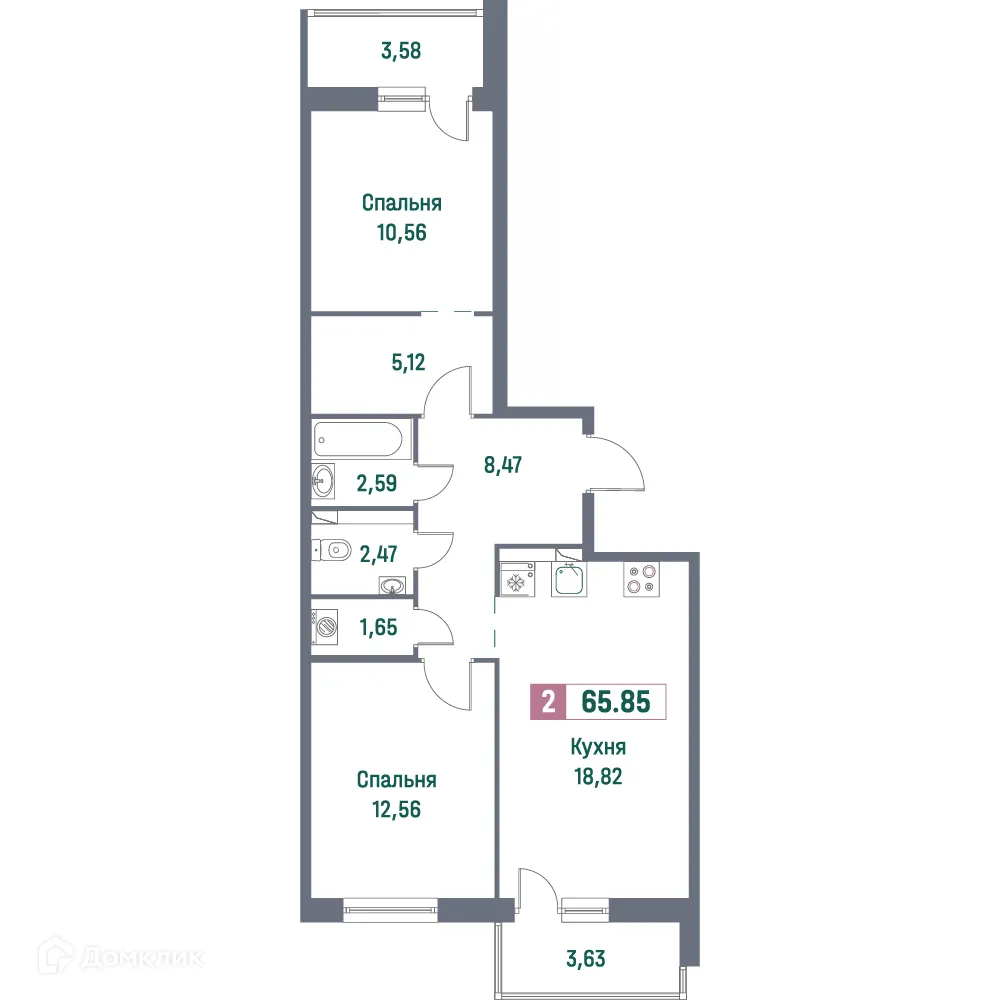 Планировка 2-комнатной квартиры 65.85 м² в ЖК "Фотограф", г. Мурино — фото 1