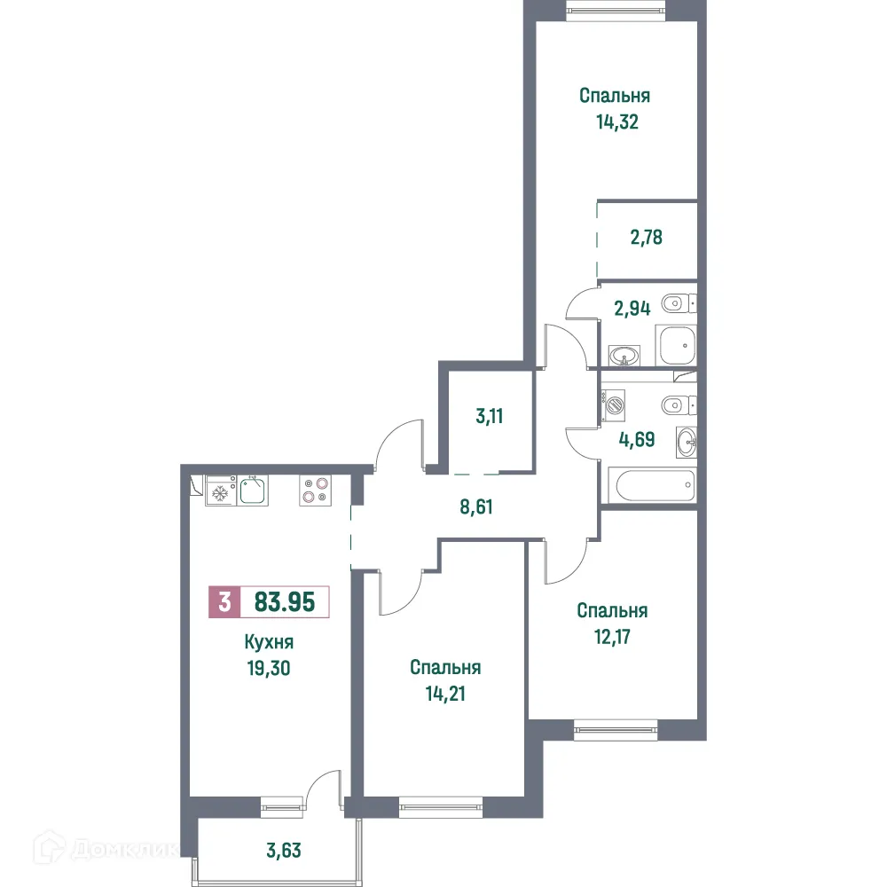 Планировка 3-комнатной квартиры 83.95 м² в ЖК "Фотограф", г. Мурино — фото 1