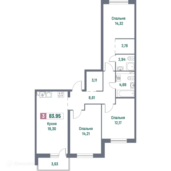 Планировка 3 комн. в ЖК "Фотограф"