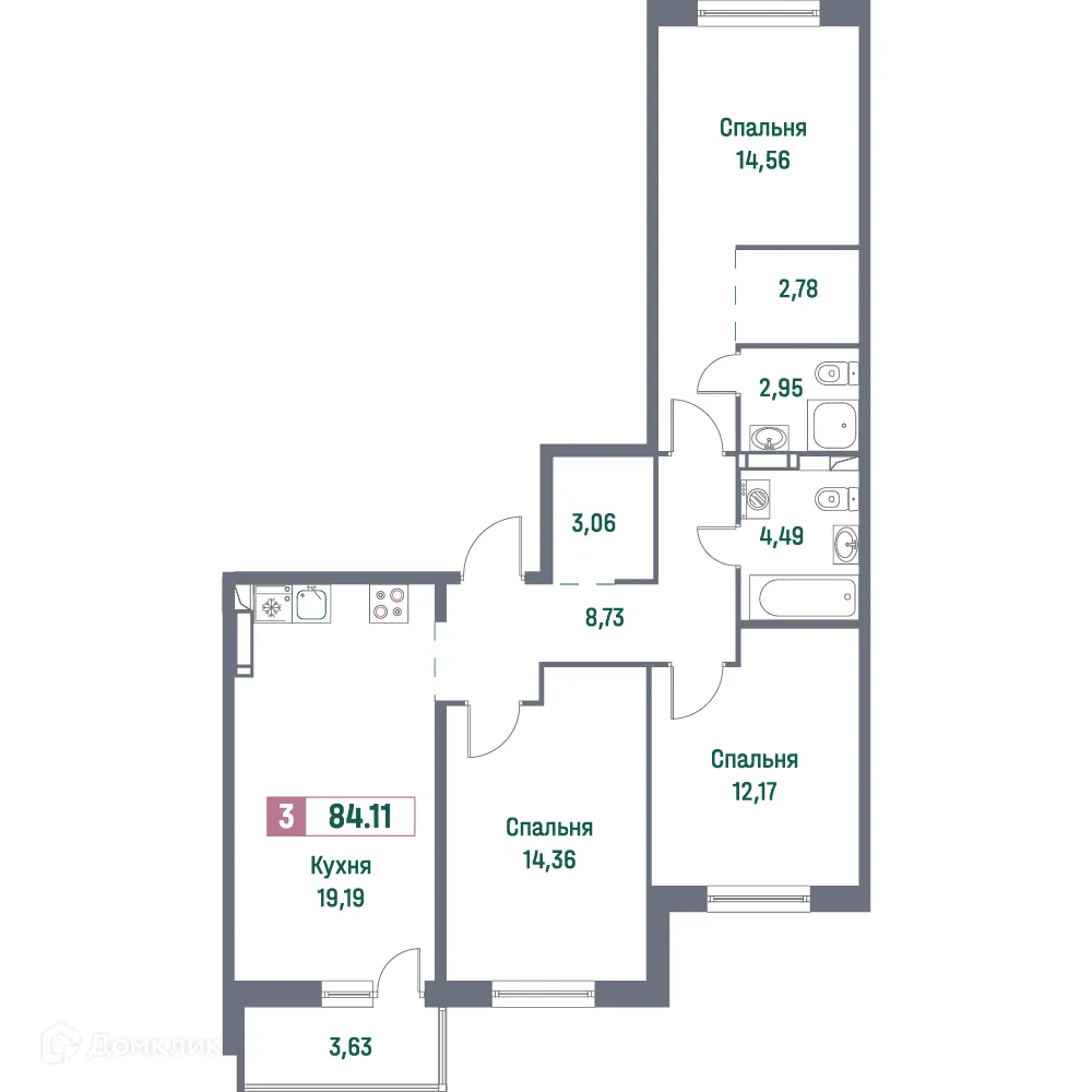 Планировка 3-комнатной квартиры 84.11 м² в ЖК "Фотограф", г. Мурино — фото 1