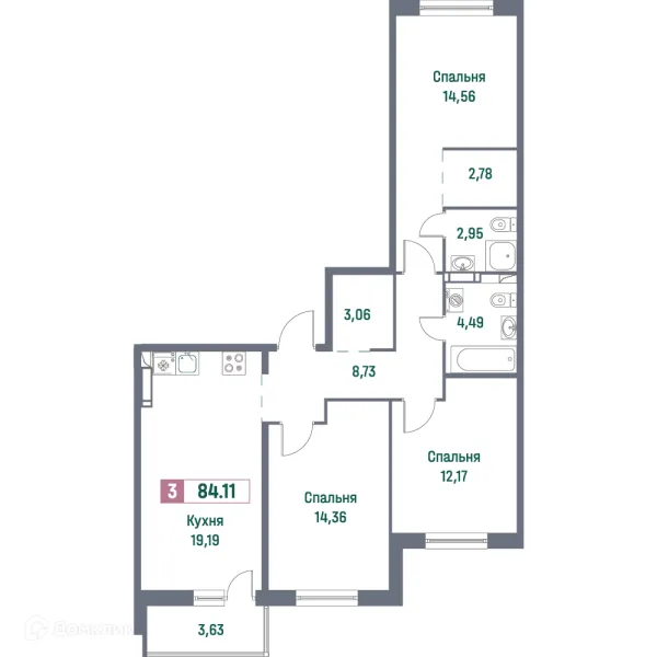 Планировка 3 комн. в ЖК "Фотограф"