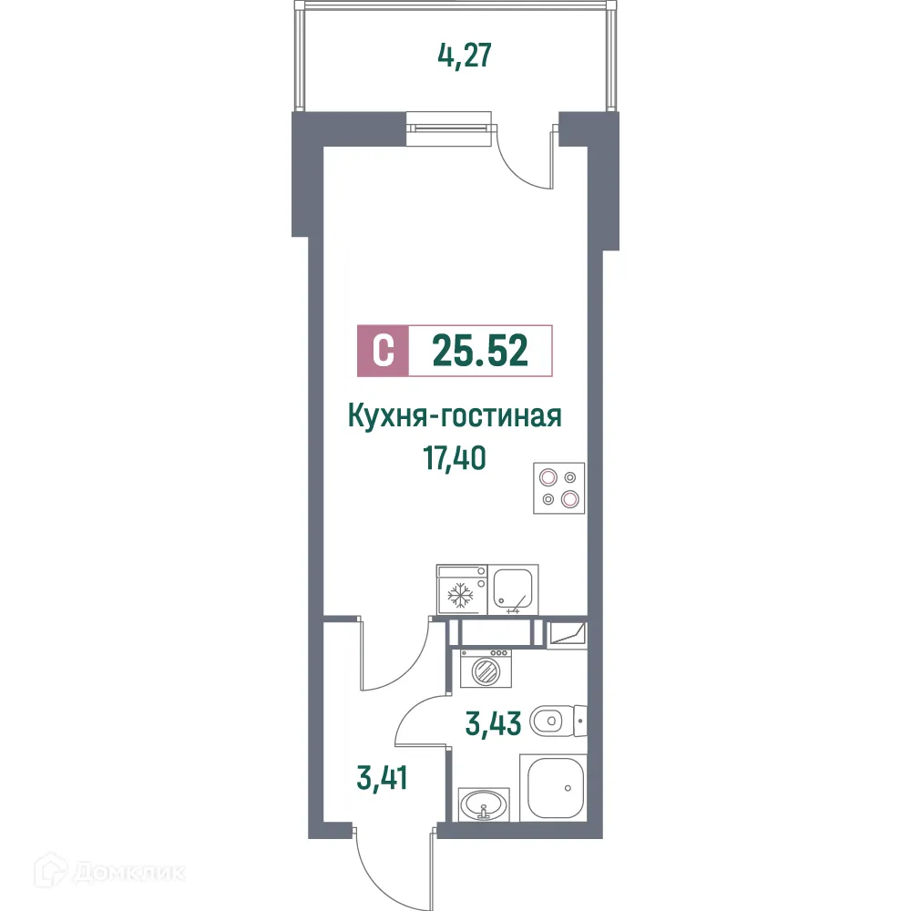Планировка студии квартиры 25.52 м² в ЖК "Фотограф", г. Мурино — фото 1